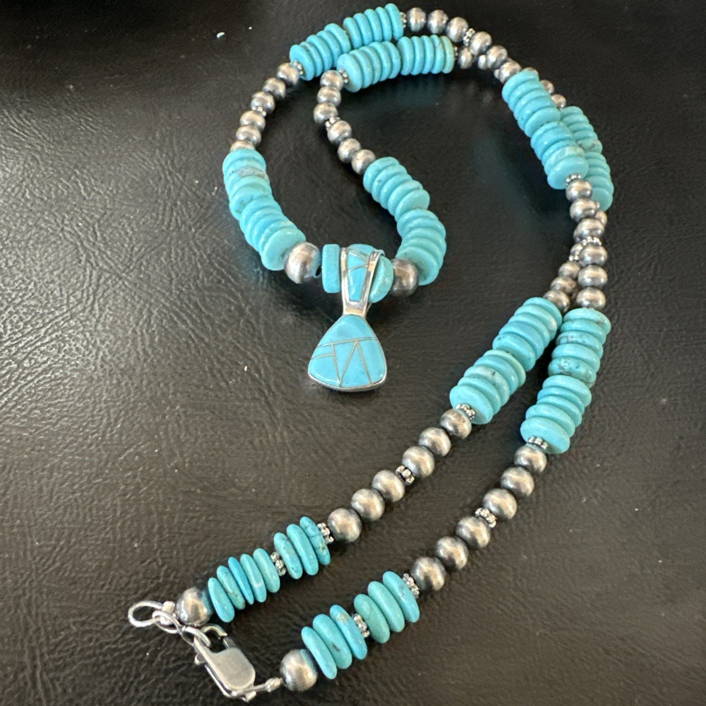 Blue Turquoise Inlay Pendant Navajo Sterling Silver Necklace 19513