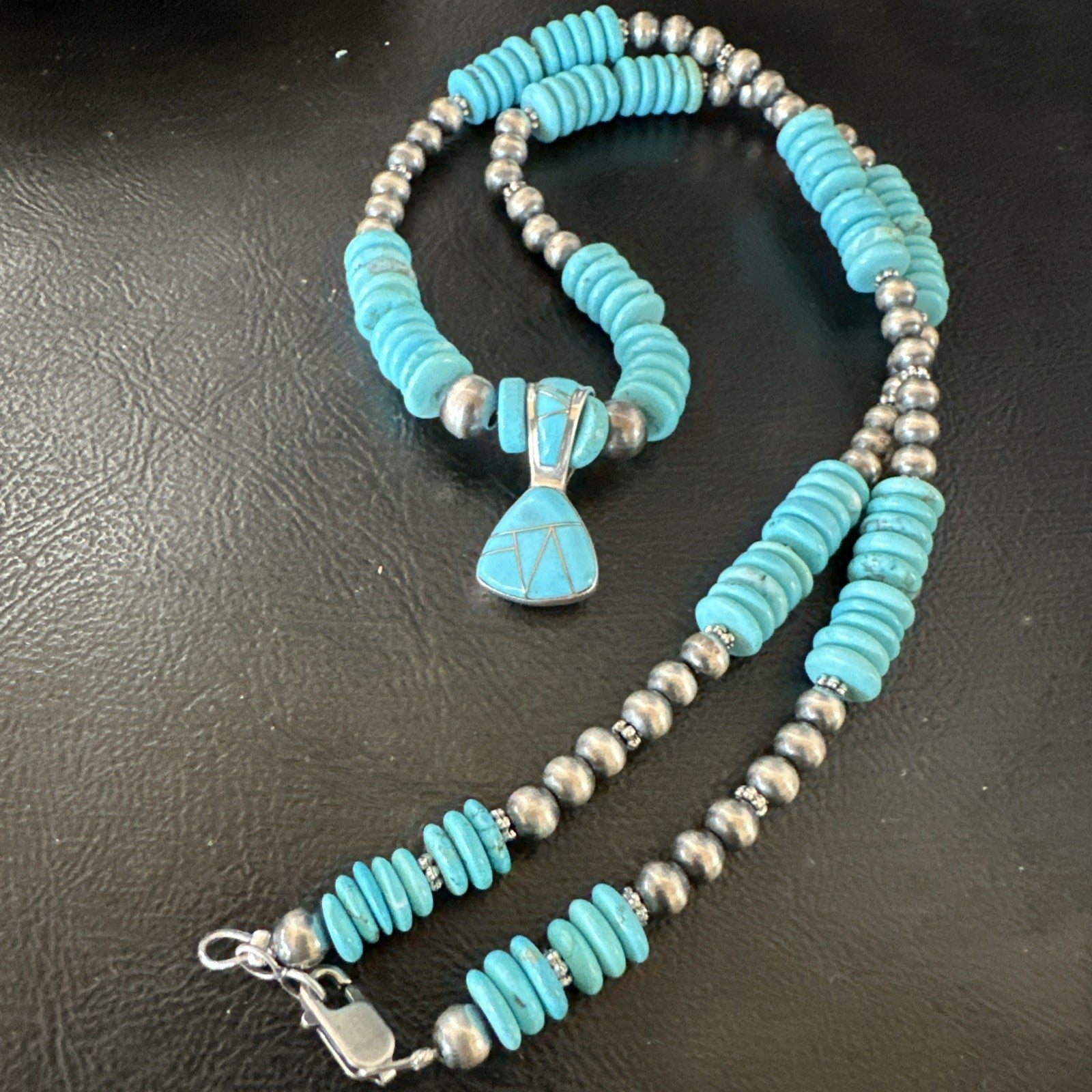 Blue Turquoise Inlay Pendant Navajo Sterling Silver Necklace 19513