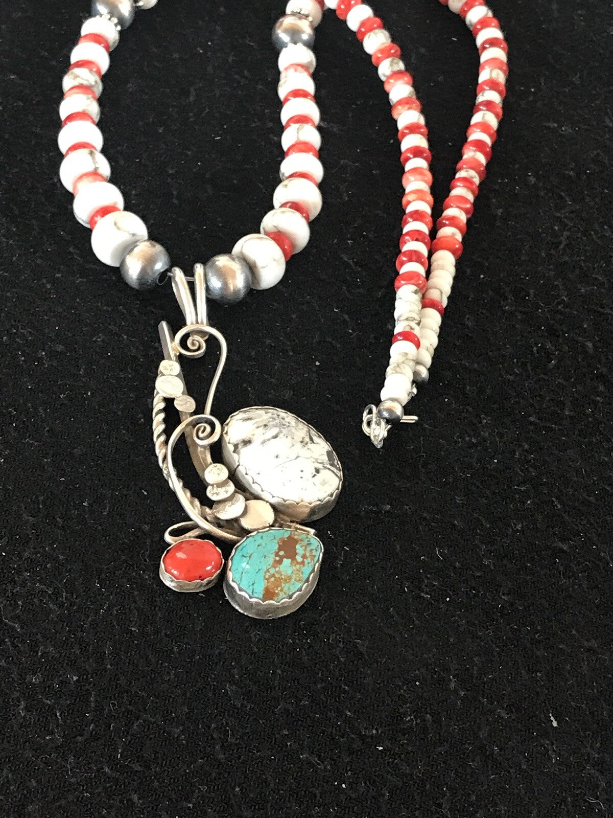 Blue Turquoise Spiny Oyster Pendant Pearls Sterling Beads Silver Necklace 8644