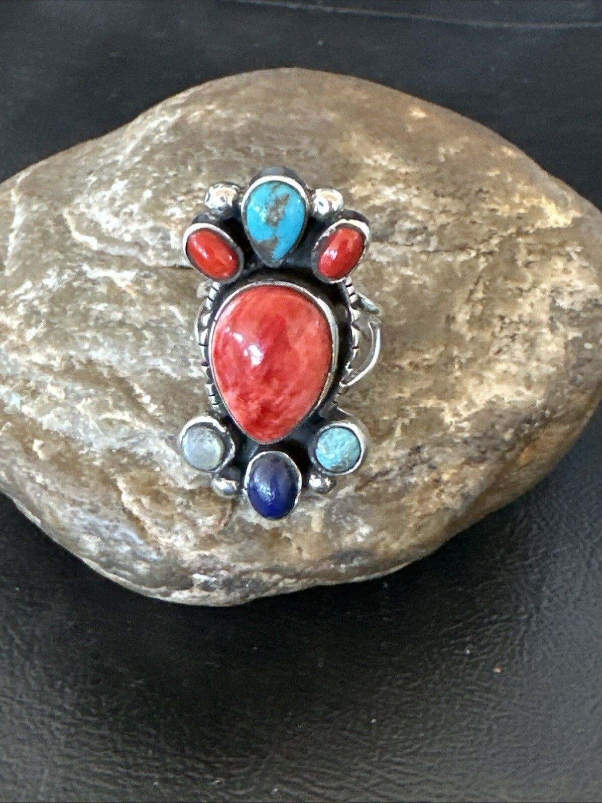 Cluster Blue Turquoise Spiny Oyster Onyx Sterling Silver Ring Size 9 18561