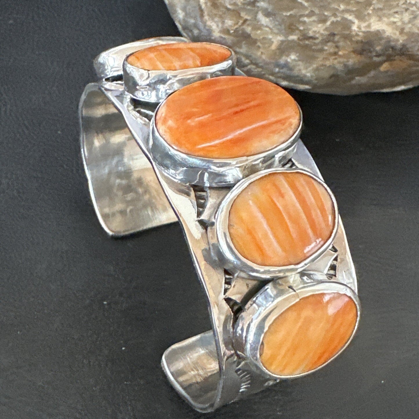 Stamped Orange Spiny Oyster Navajo Sterling Silver 5 Stone Cuff Bracelet 17942
