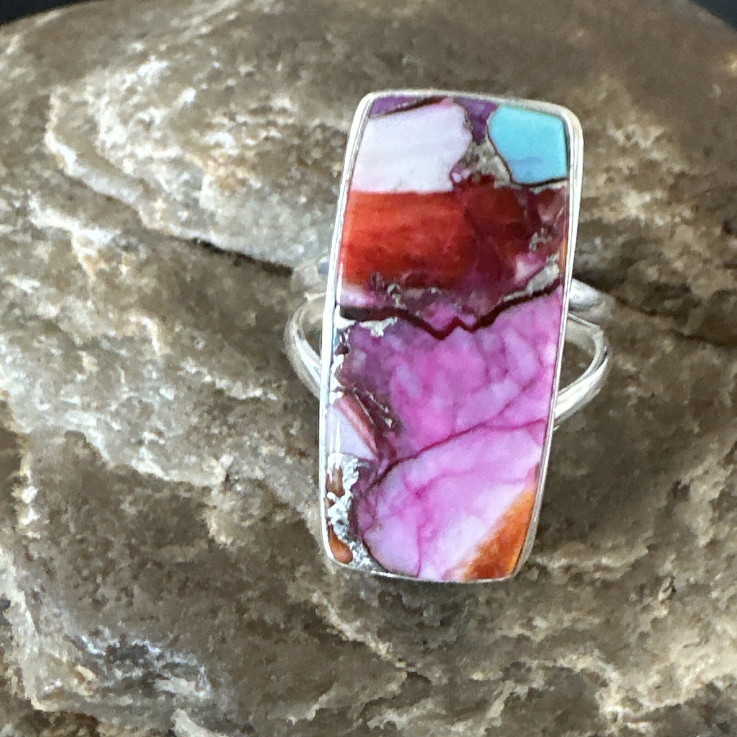 Blue Turquoise Spiny Oyster Navajo Sterling Silver Ring Size 7 18228