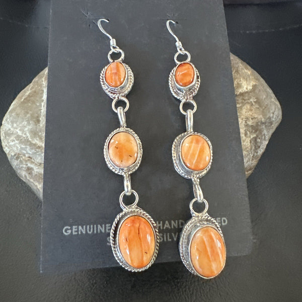 Navajo Orange Spiny Oyster Dangle Earrings | Sterling Silver | Authentic Native American Handmade | 1228