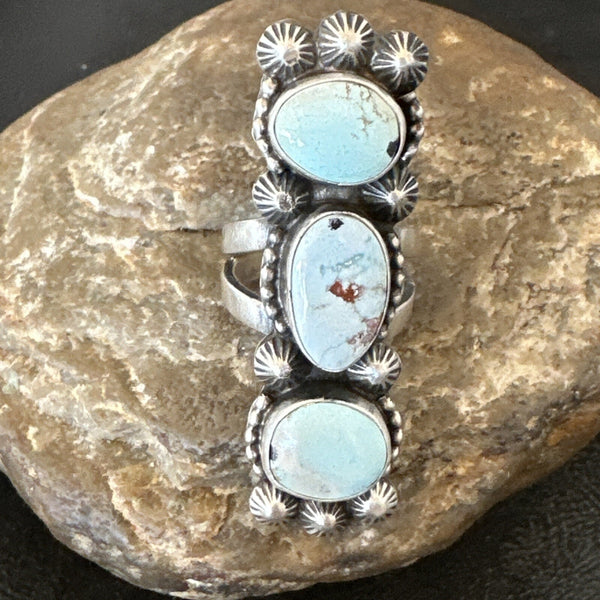 Navajo Cluster Blue Dry Creek Turquoise Ring Sz 6.5 | Sterling Silver | Authentic Native American Handmade | 18596