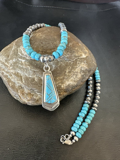 Inlay Blue Kingman Turquoise Pendant Navajo Sterling Silver Necklace 21" 18380