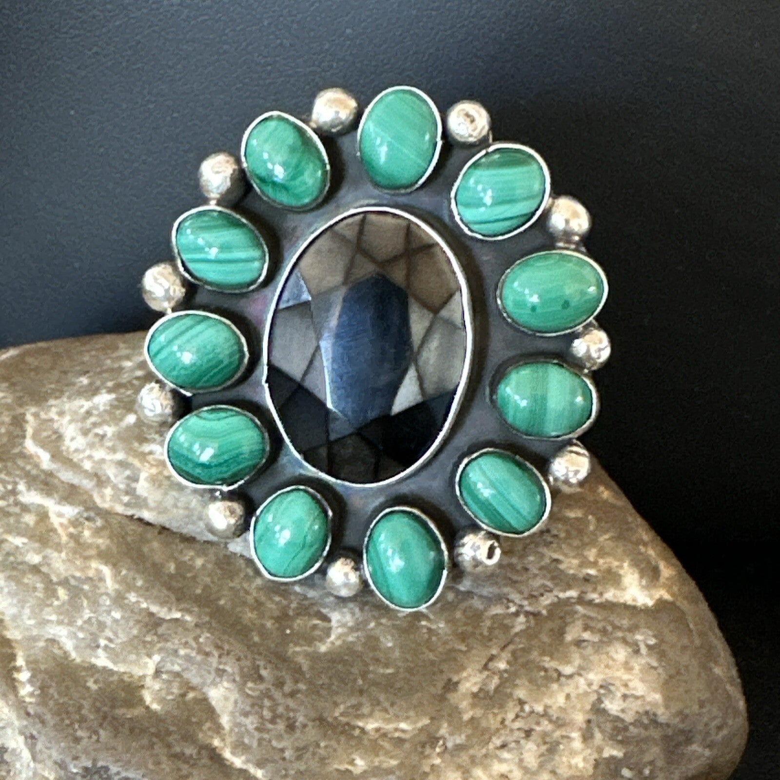 Green Malachite Quartz Navajo Sterling Silver Cluster Ring Size 10.5 18399