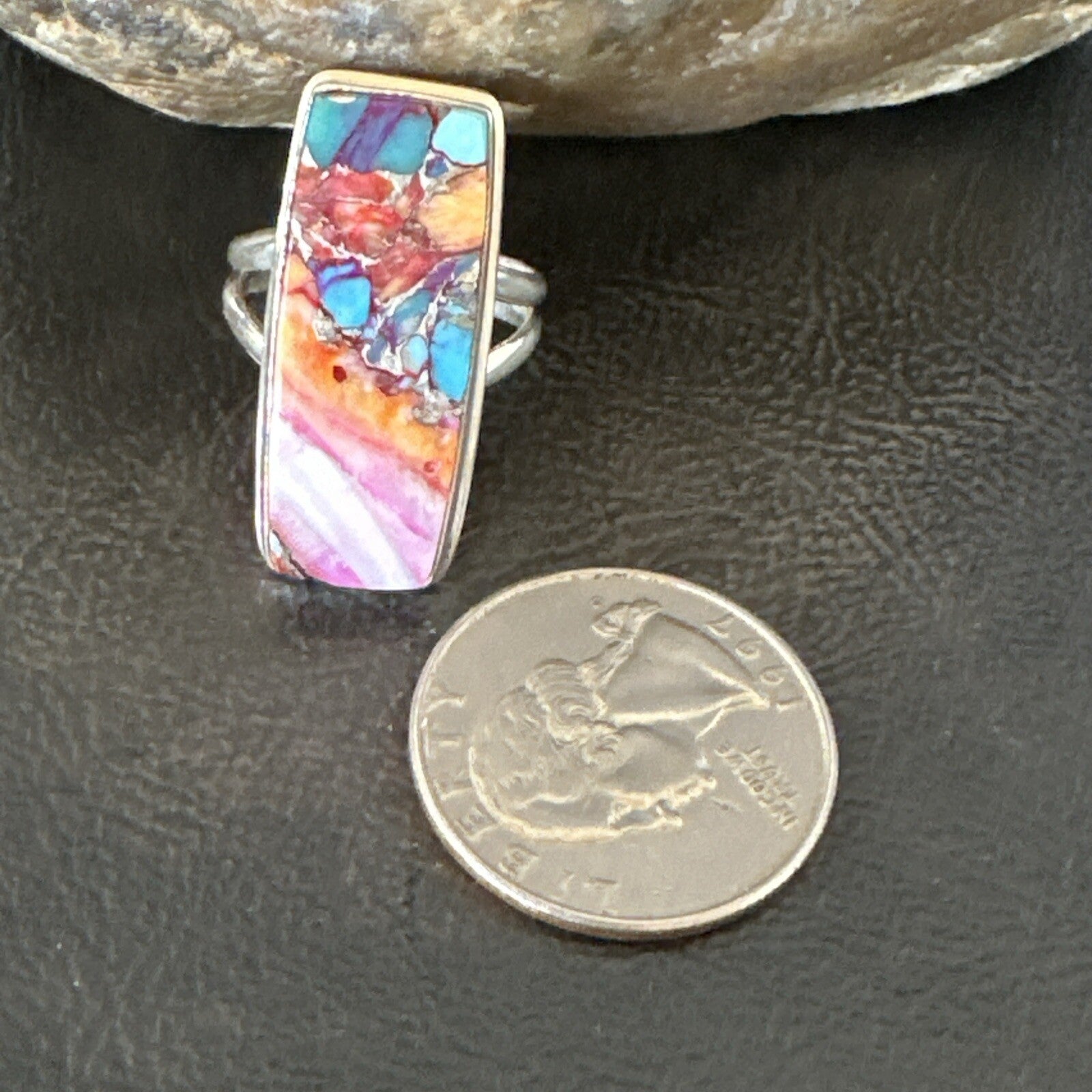 Blue Turquoise Spiny Oyster Navajo Sterling Silver Ring Size 7 18223