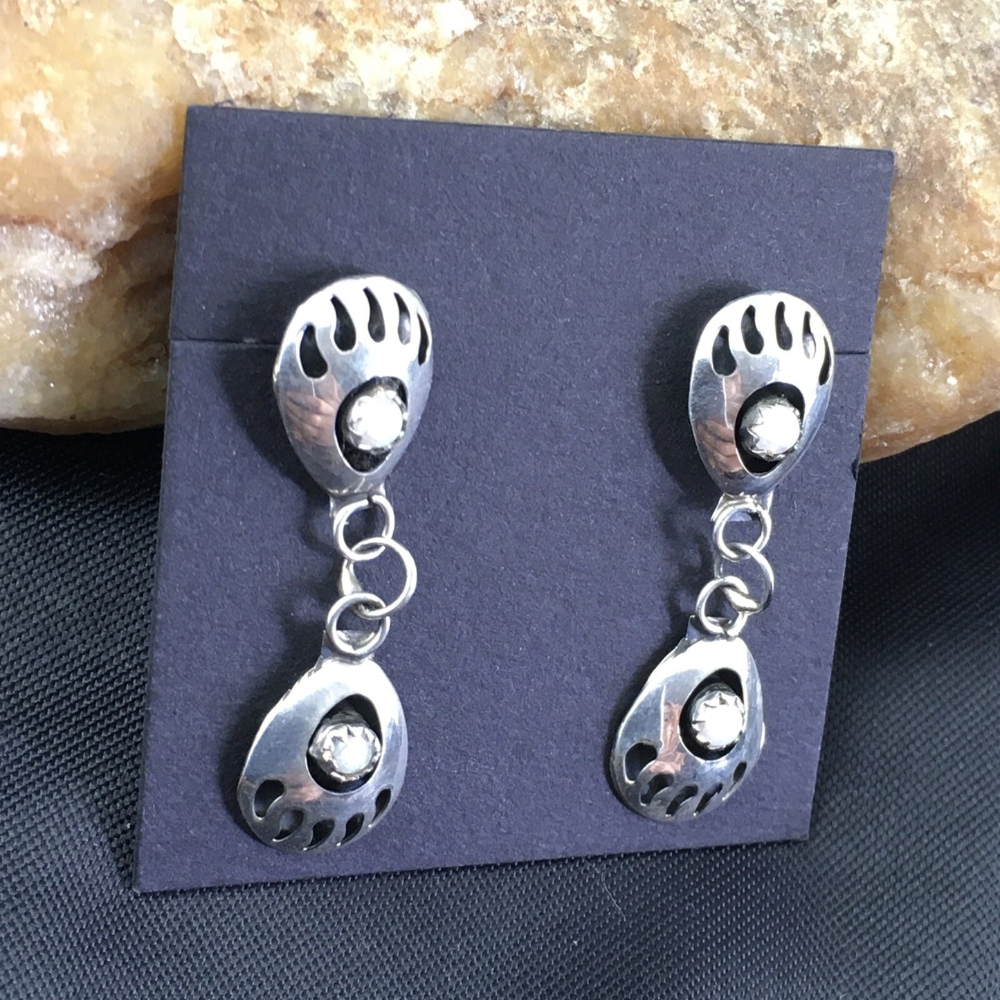 White Opal Navajo Sterling Silver Post Dangle Bear Paw Earrings 1.30" 08694