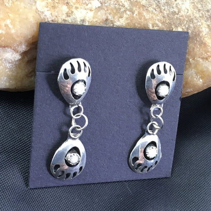 White Opal Navajo Sterling Silver Post Dangle Bear Paw Earrings 1.30" 08694