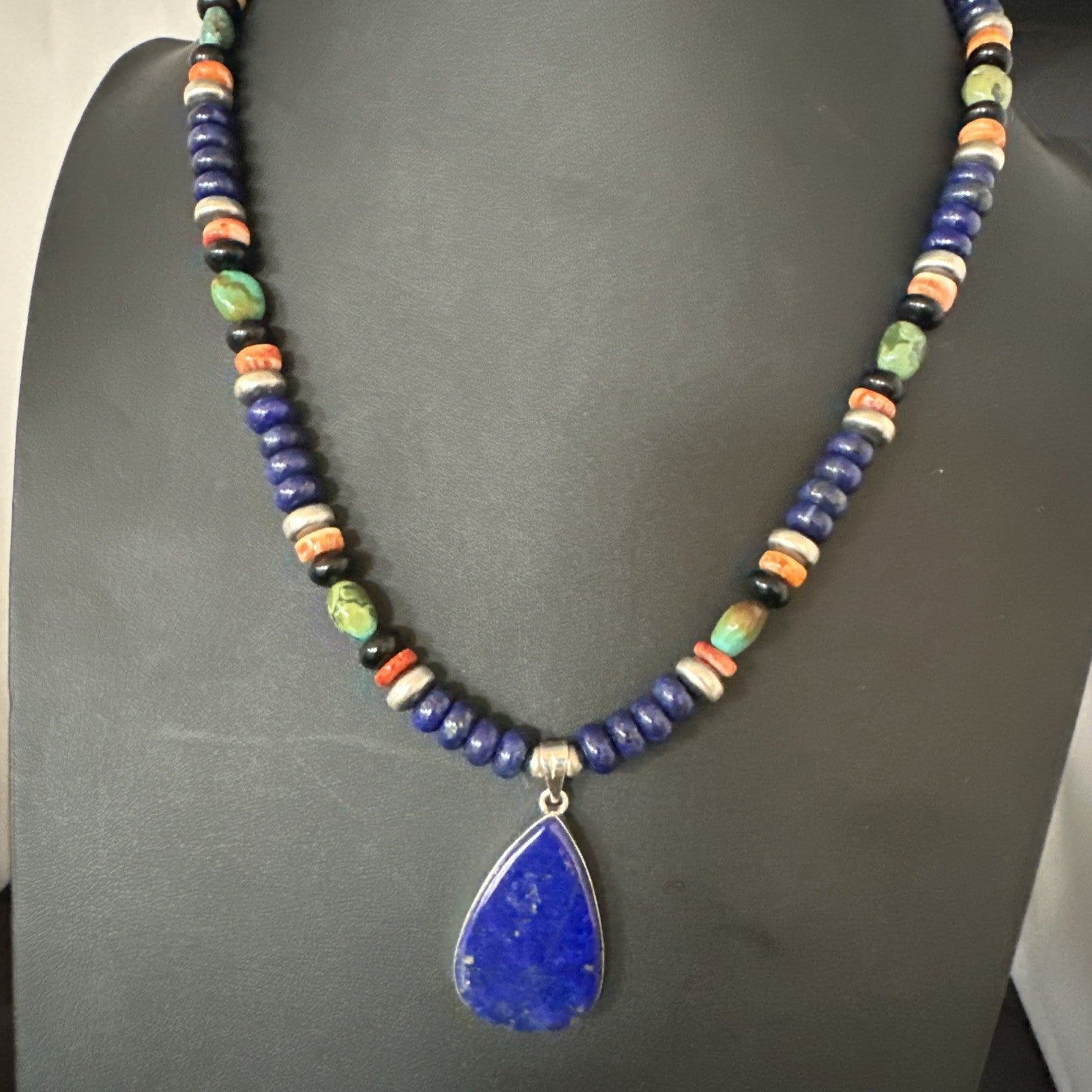 Lapis Turquoise Spiny Necklace Southwestern Sterling Silver Pendant 22” 19470