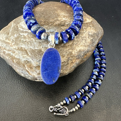 Mens Womens Blue Lapis Lazuli Navajo Sterling Silver Pendant Necklace 22” 18338