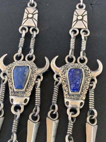 Denim Blue Lapis Lazuli Inlay Navajo Sterling Silver Dangle Earrings 04518