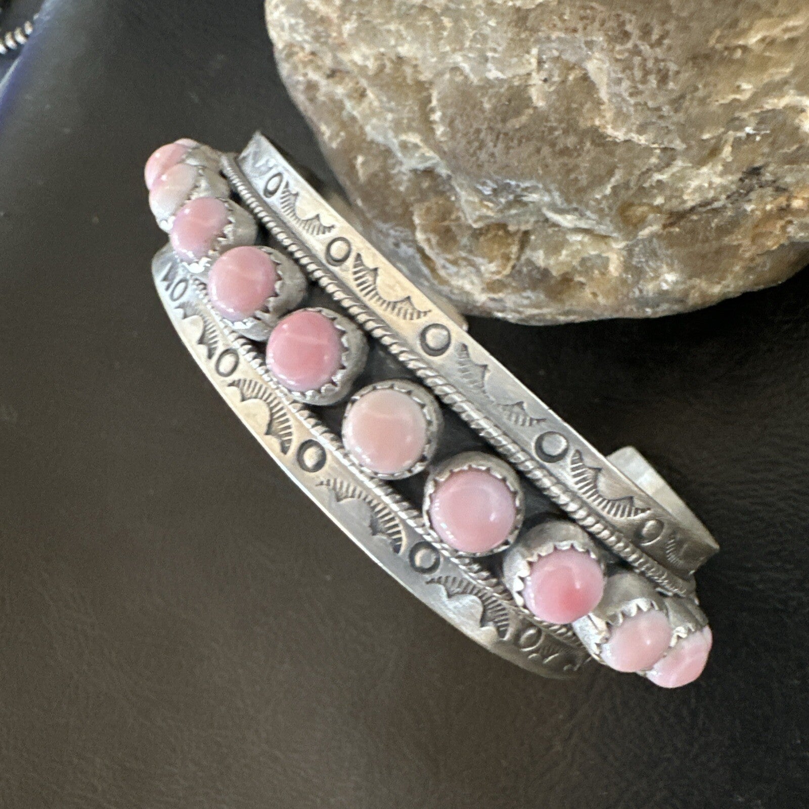 Navajo Pink Conch Cluster Sterling Silver Cuff Bracelet 18854