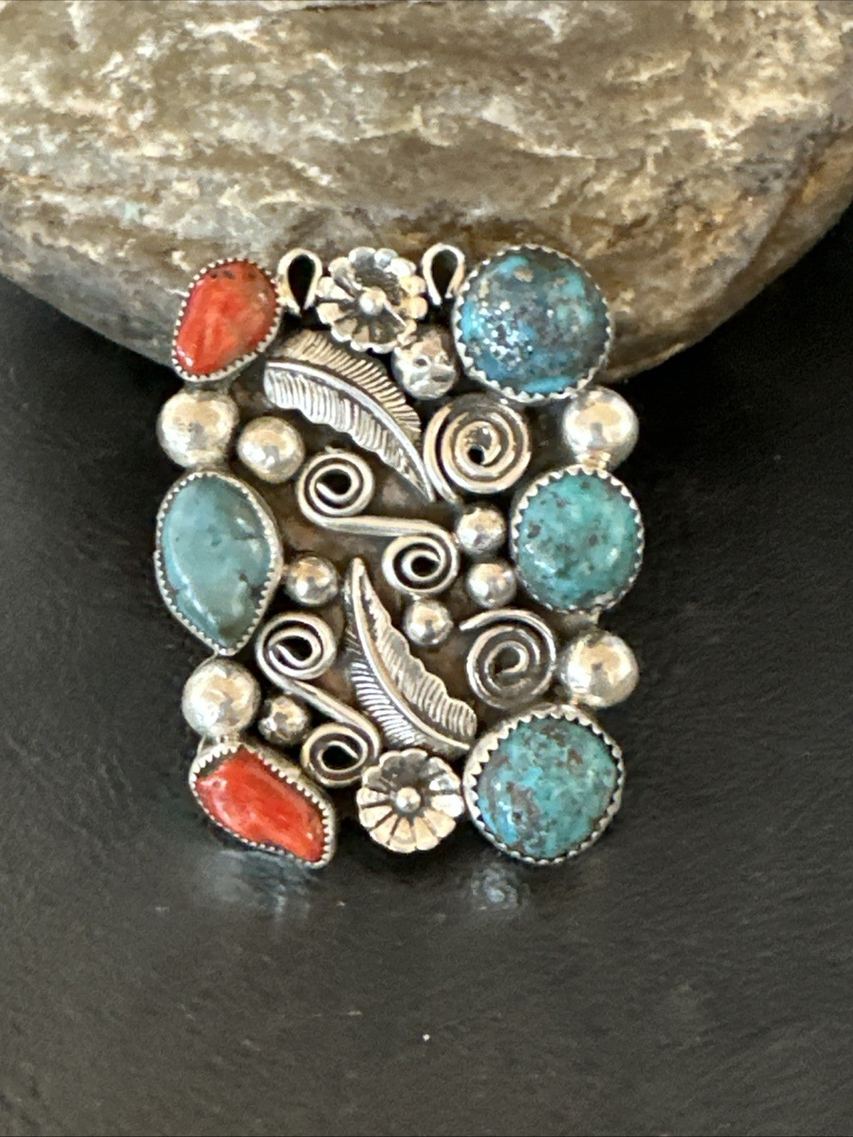 Navajo Blue Turquoise Coral Ring Multi-Stone Cluster Sz 10.5 19779