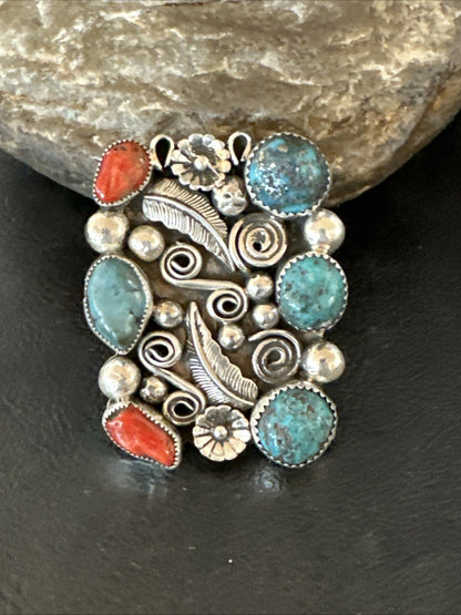 Navajo Blue Turquoise Coral Ring Multi-Stone Cluster Sz 10.5 19779