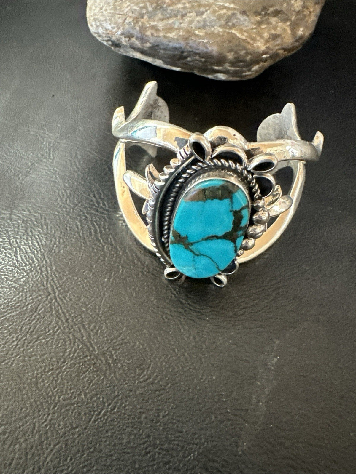 Yazzie Kingman Turquoise Navajo Sterling Silver Tufa Cast Cuff Bracelet 19691