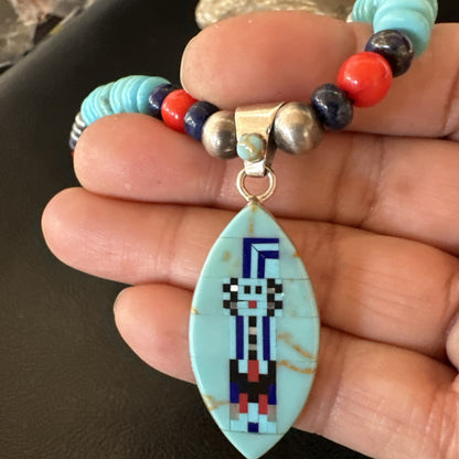Multicolor Turquoise Coral Navajo Sterling Silver Inlay Pendant Necklace 19645