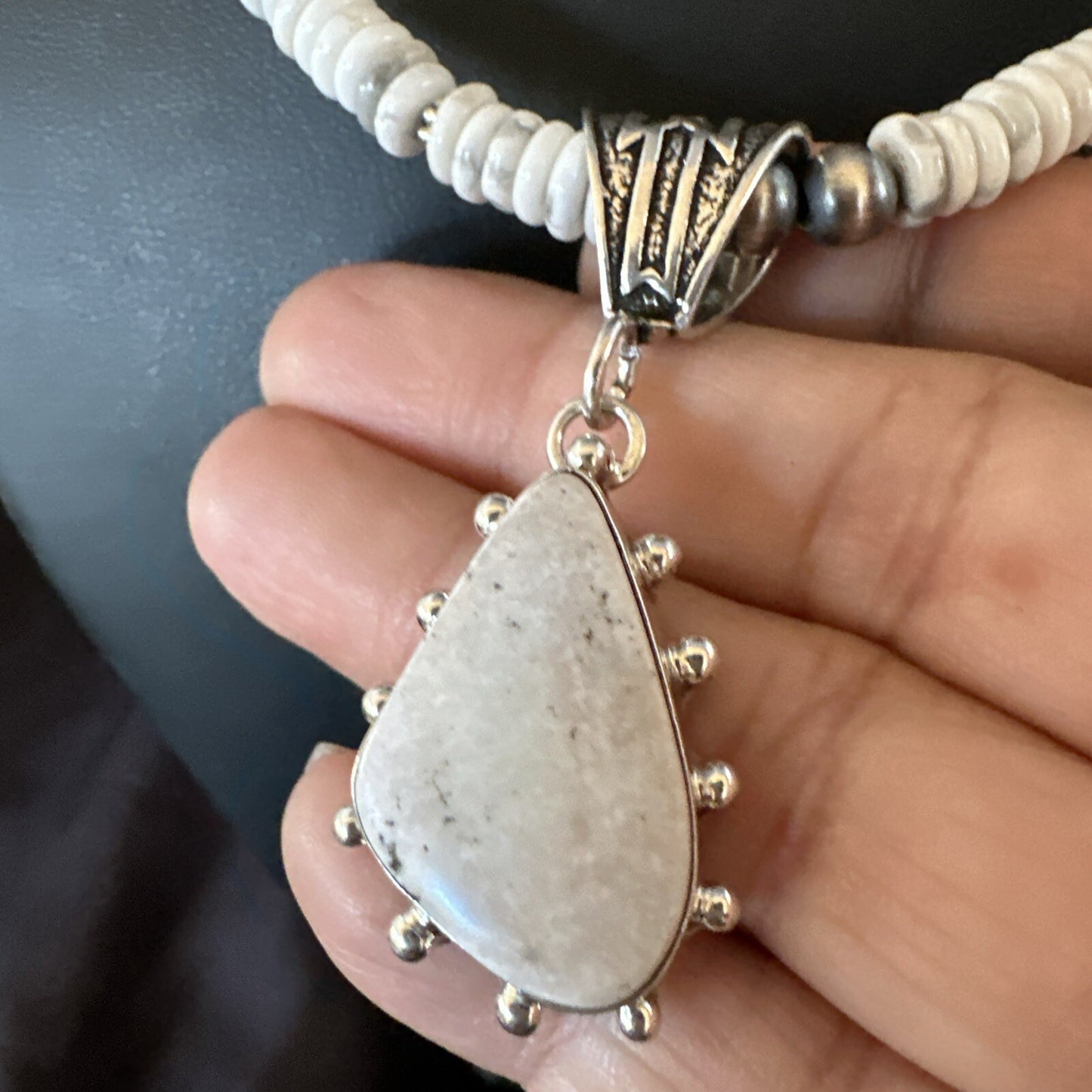 White Buffalo Turquoise Pendant Navajo Pearls Sterling Silver Necklace 22" 18258
