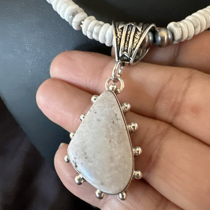 White Buffalo Turquoise Pendant Navajo Pearls Sterling Silver Necklace 22" 18258