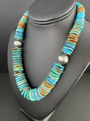 Men's Blue Green Turquoise Navajo Necklace | Sterling Silver | Authentic Native American Handmade | 00231