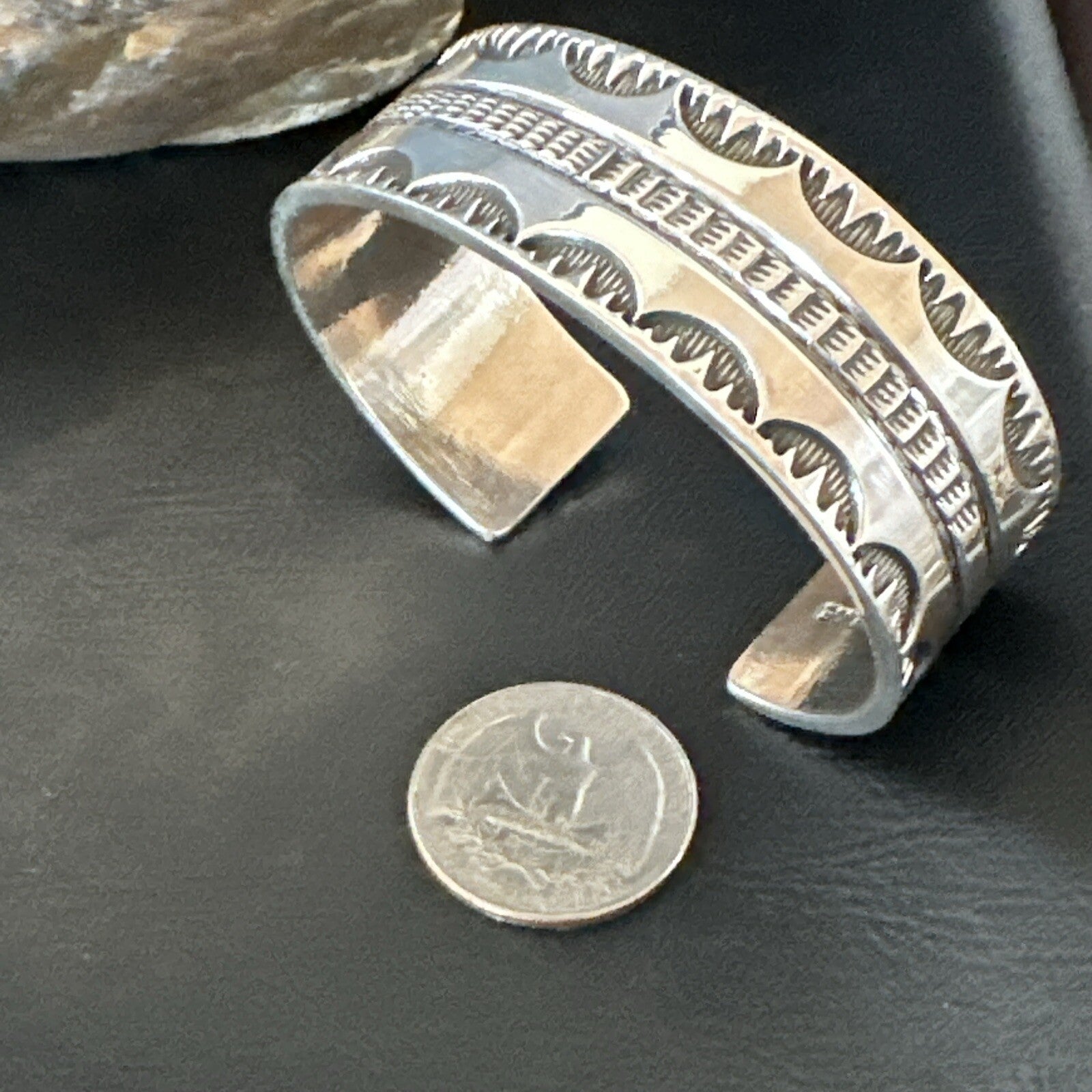 Stamped Cuff Bracelet Native American Navajo Sterling Silver 18042
