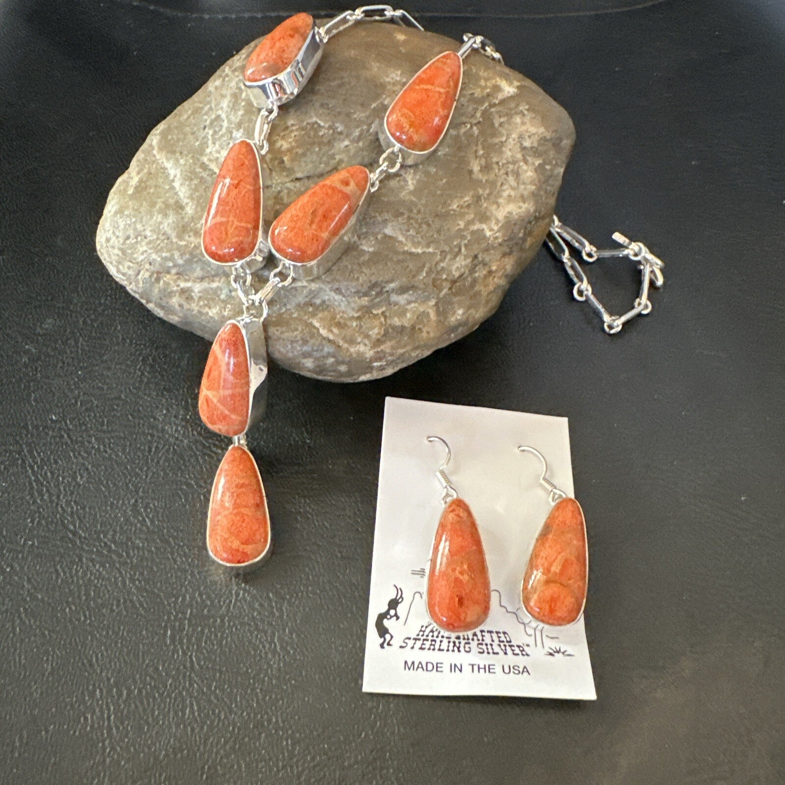 Women Apple Coral Lariat Necklace Pendant Earrings Sterling Silver 16” 18409