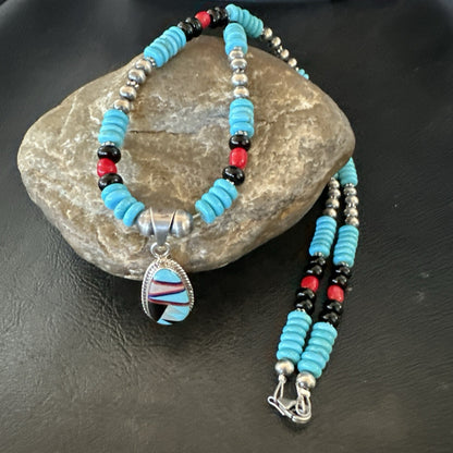 Multicolor Turquoise Coral Navajo Sterling Silver Inlay Pendant Necklace 19648