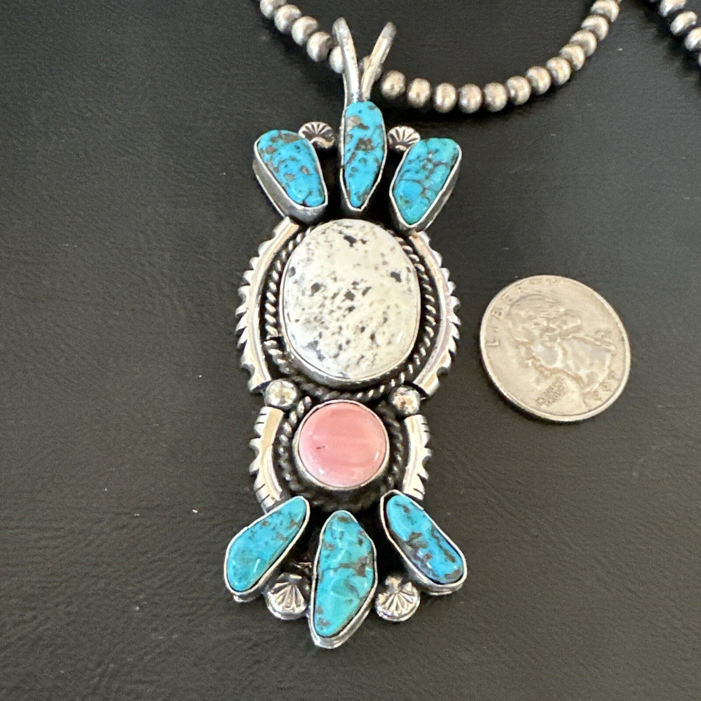 Blue Kingman Turquoise White Navajo Sterling Silver Cluster Pendant 4" 19325