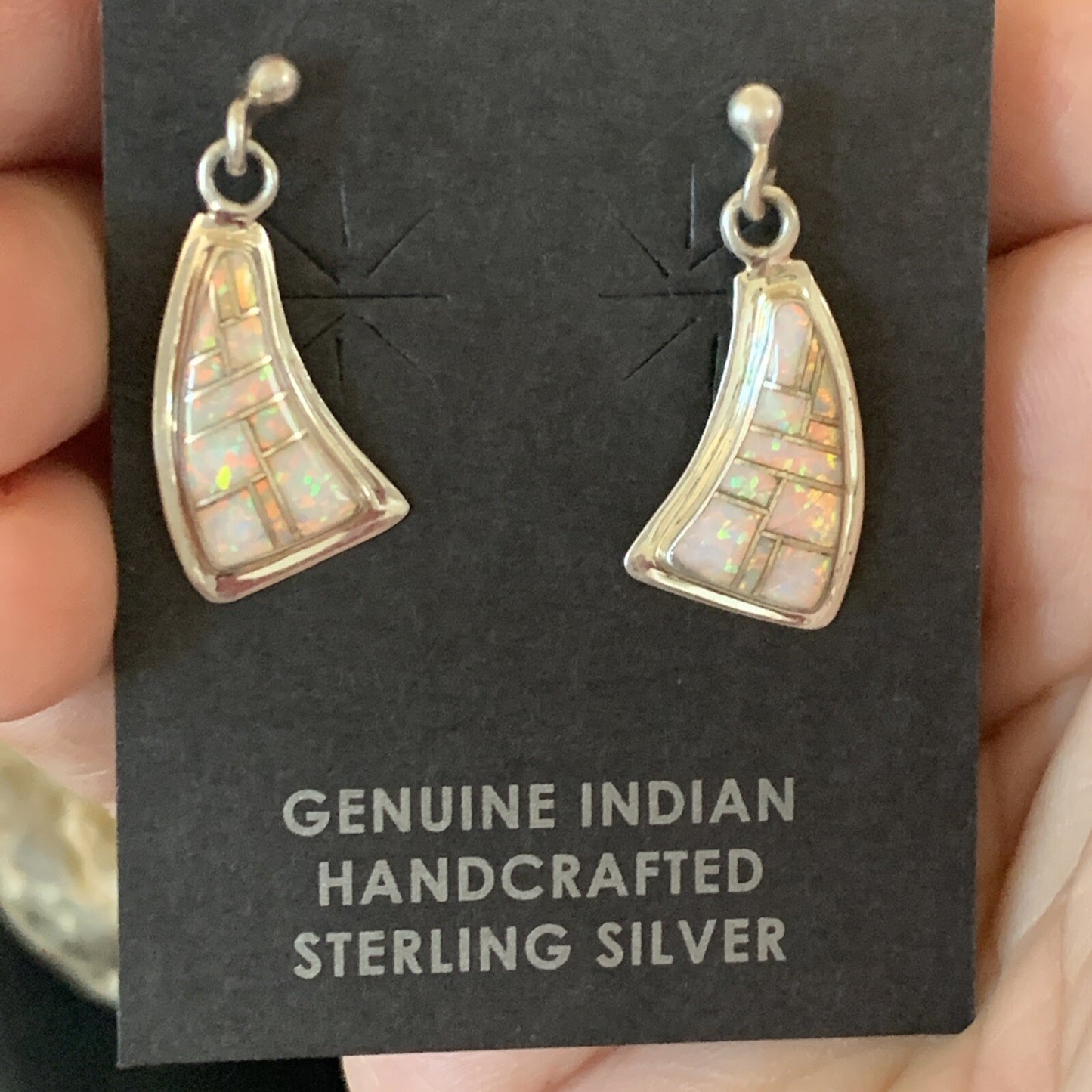 Womens White Opal Inlay Navajo Sterling Silver Dangle Post Earrings 12771