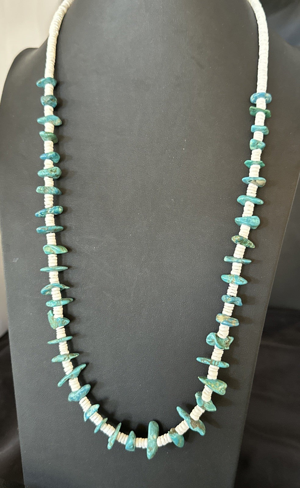 Blue Turquoise White Shell Navajo Sterling Silver Necklace 31" 19719
