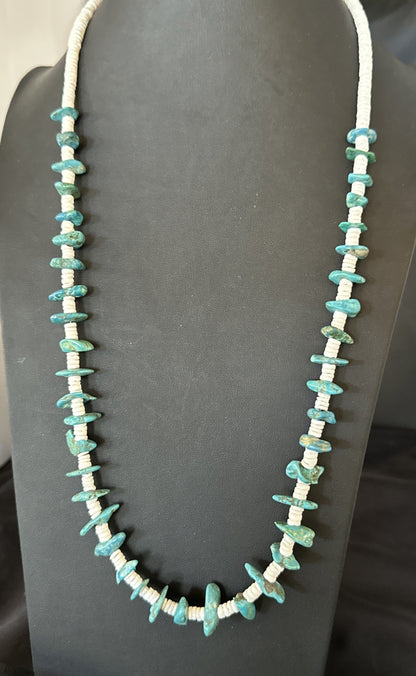 Blue Turquoise White Shell Navajo Sterling Silver Necklace 31" 19719