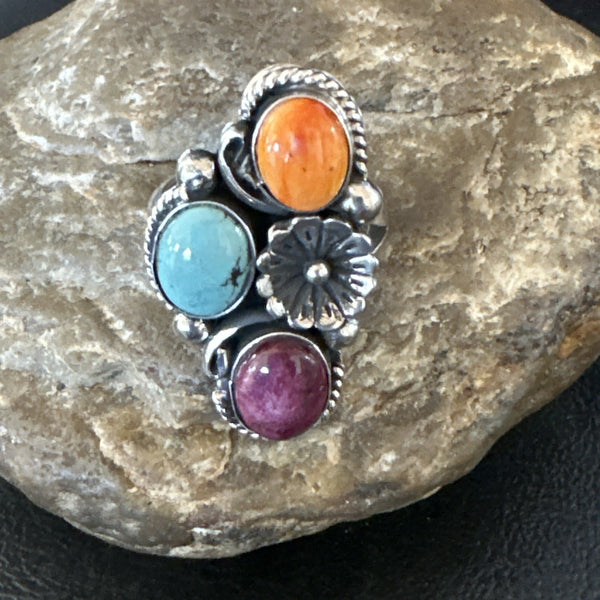 Multicolor Ring Turquoise Spiny Navajo Cluster Size 8.5 | Sterling Silver | Authentic Native American Handmade | 19167
