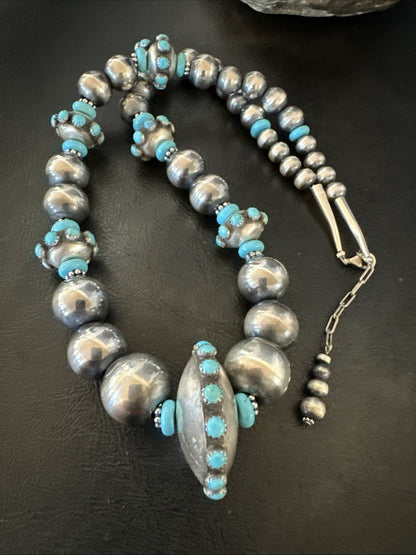 Navajo Pearls Blue Kingman Turquoise Sterling Silver Necklace 23” 19449
