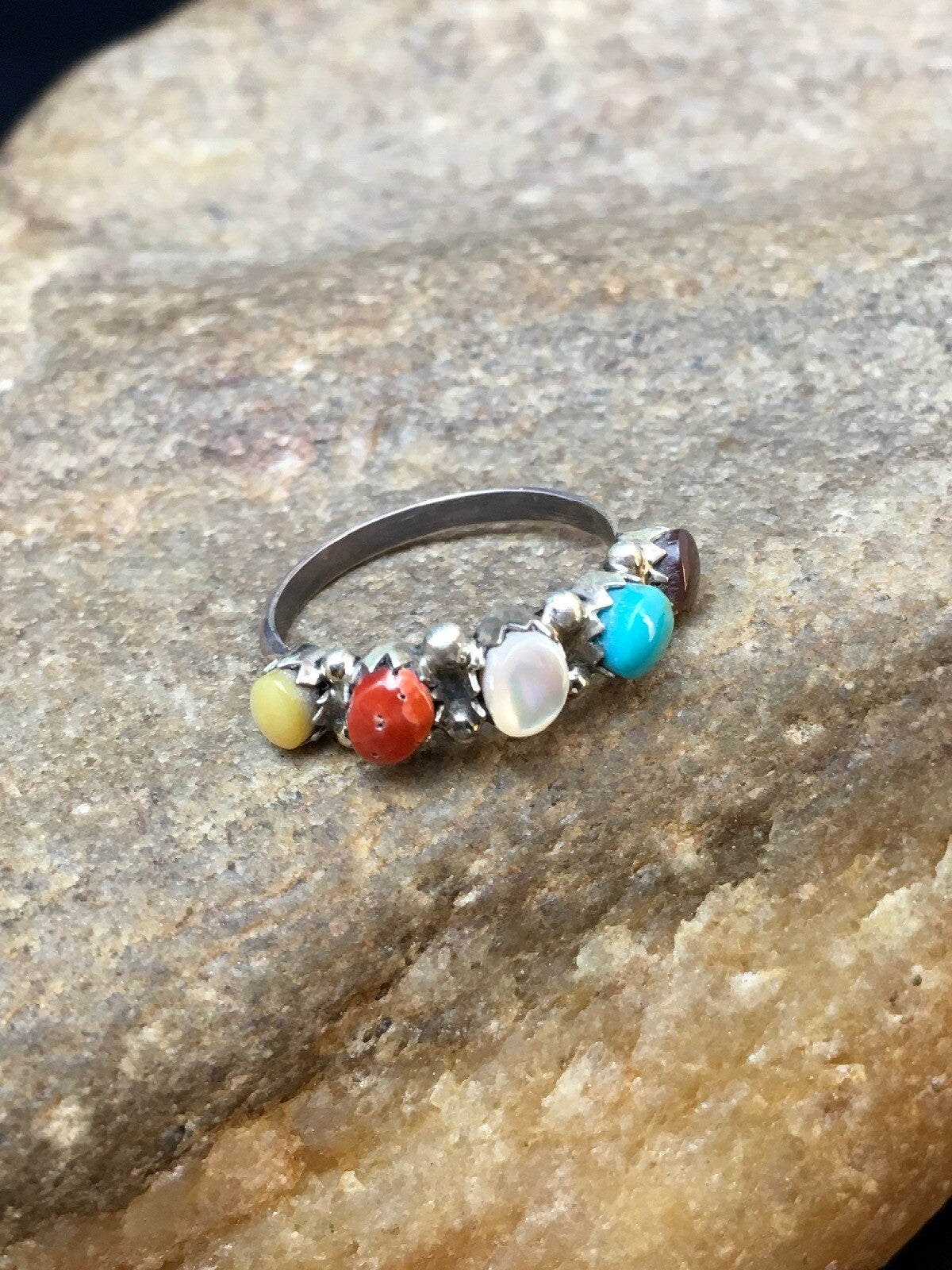 Blue Opal Coral & Turquoise Zuni Sterling Silver Ring Size 6.25 02501