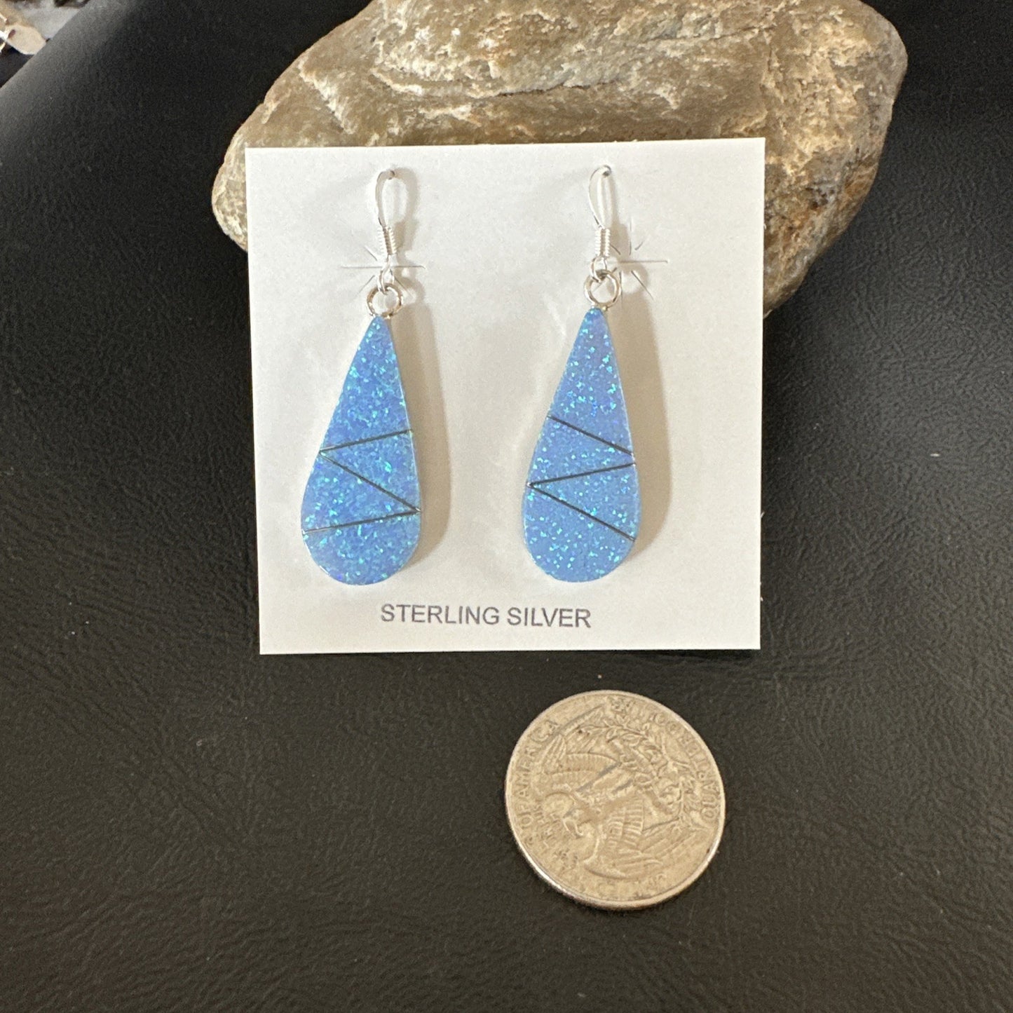 Blue Faux Opal Dangle Inlay Navajo Sterling Silver Earrings 19263