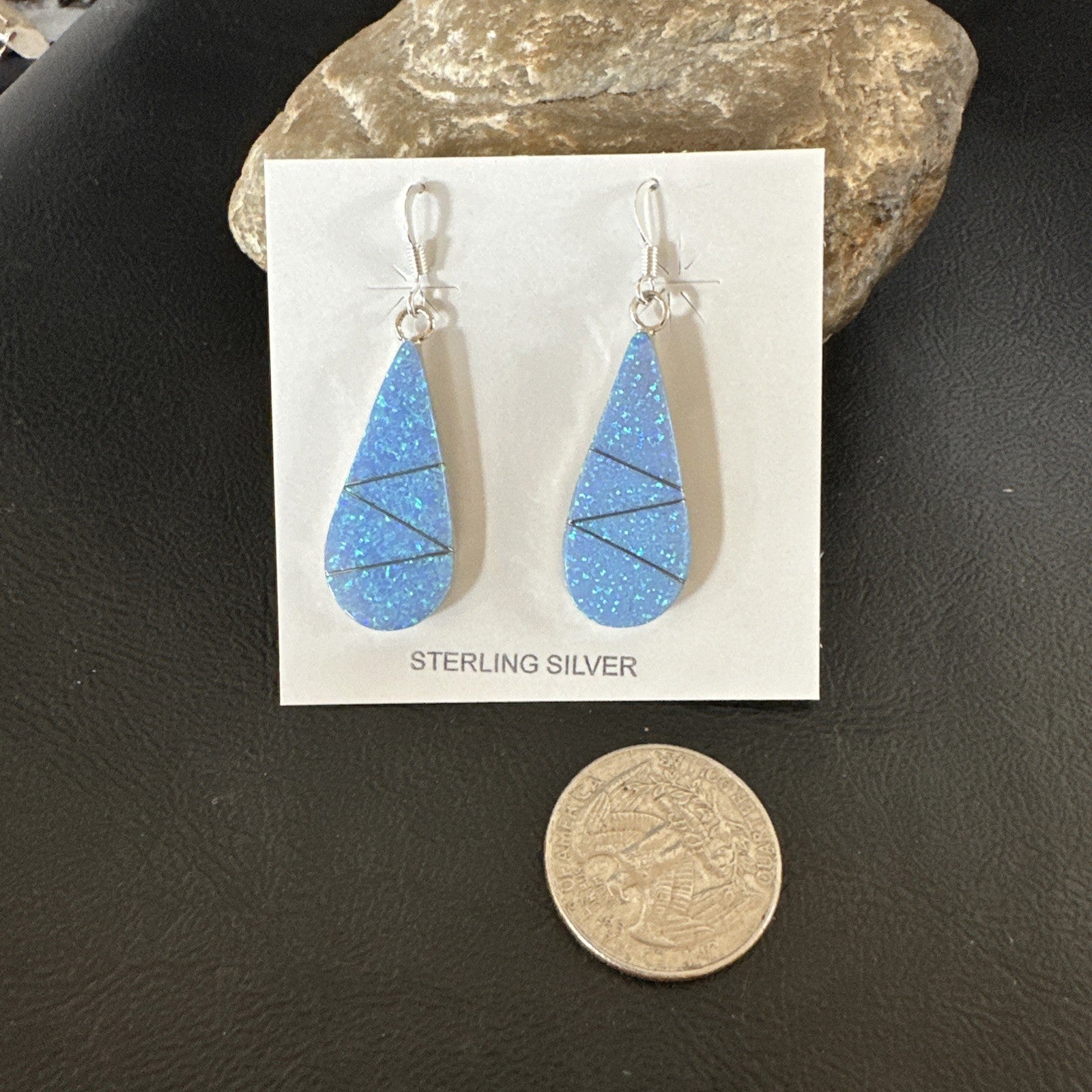 Blue Faux Opal Dangle Inlay Navajo Sterling Silver Earrings 19263