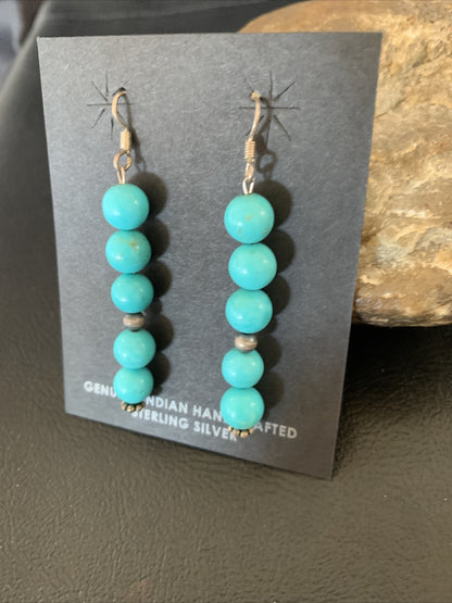 Blue Turquoise Earrings Native American Sterling Silver Bead 2" 13046