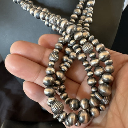 Mixed Bead Sterling Silver Navajo Pearls Necklace 22” 3 Strand 94422