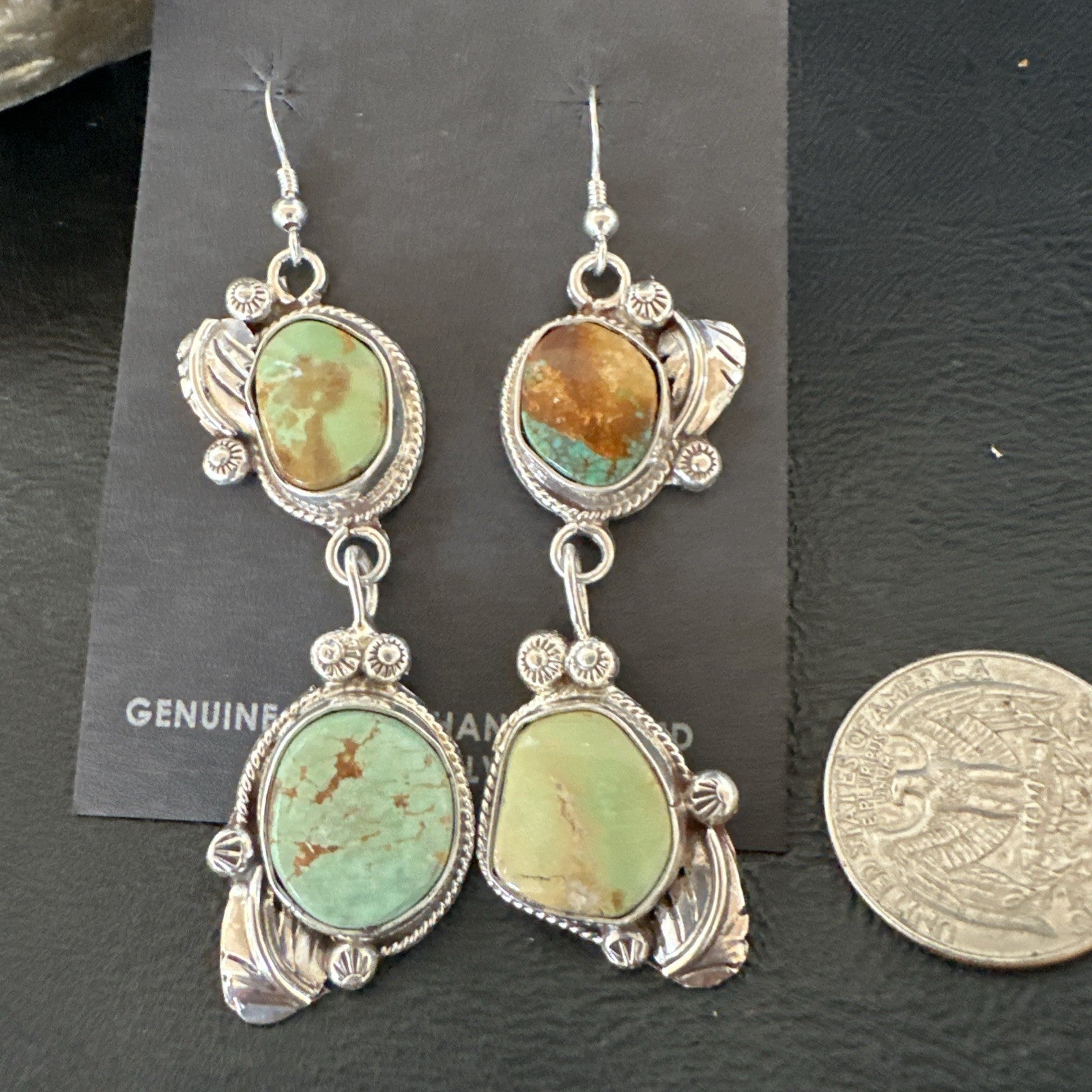 Green Royston Turquoise Navajo Sterling Silver Dangle Earrings 19600