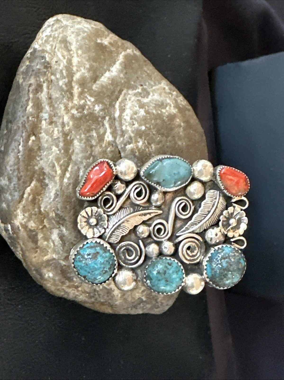 Navajo Blue Turquoise Coral Ring Multi-Stone Cluster Sz 10.5 19779