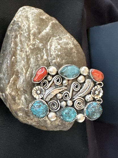 Navajo Blue Turquoise Coral Ring Multi-Stone Cluster Sz 10.5 19779