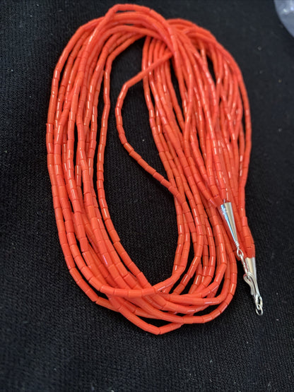 Red Coral Stabilized Heishi 10 Strands Sterling Silver Necklace 20” 14817