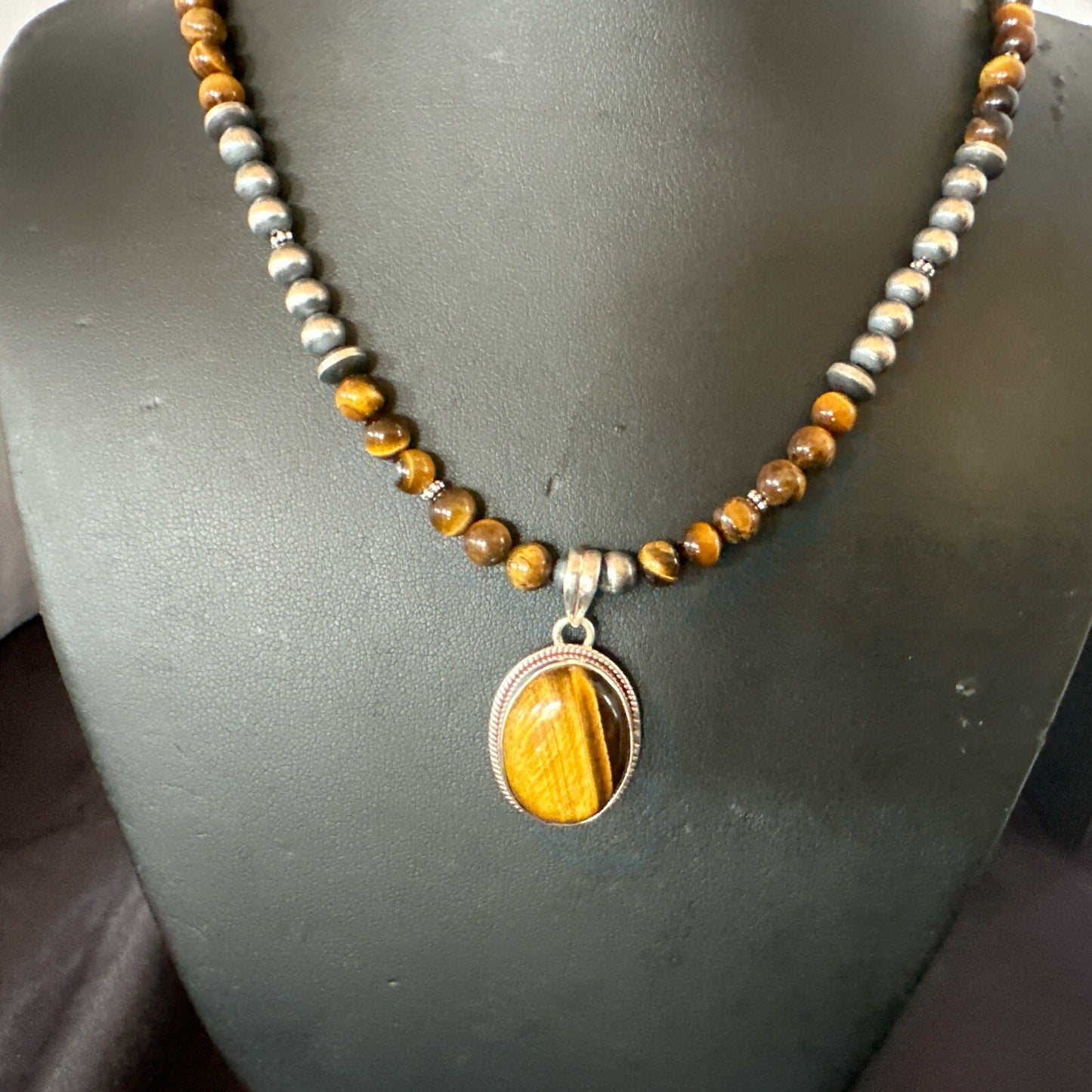 Coffee Brown Tigers Eye Sterling Silver Pendant Necklace Southwestern 18282
