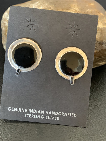 Black Onyx Navajo Sterling Silver Stud Post Earrings 0.75" 12641