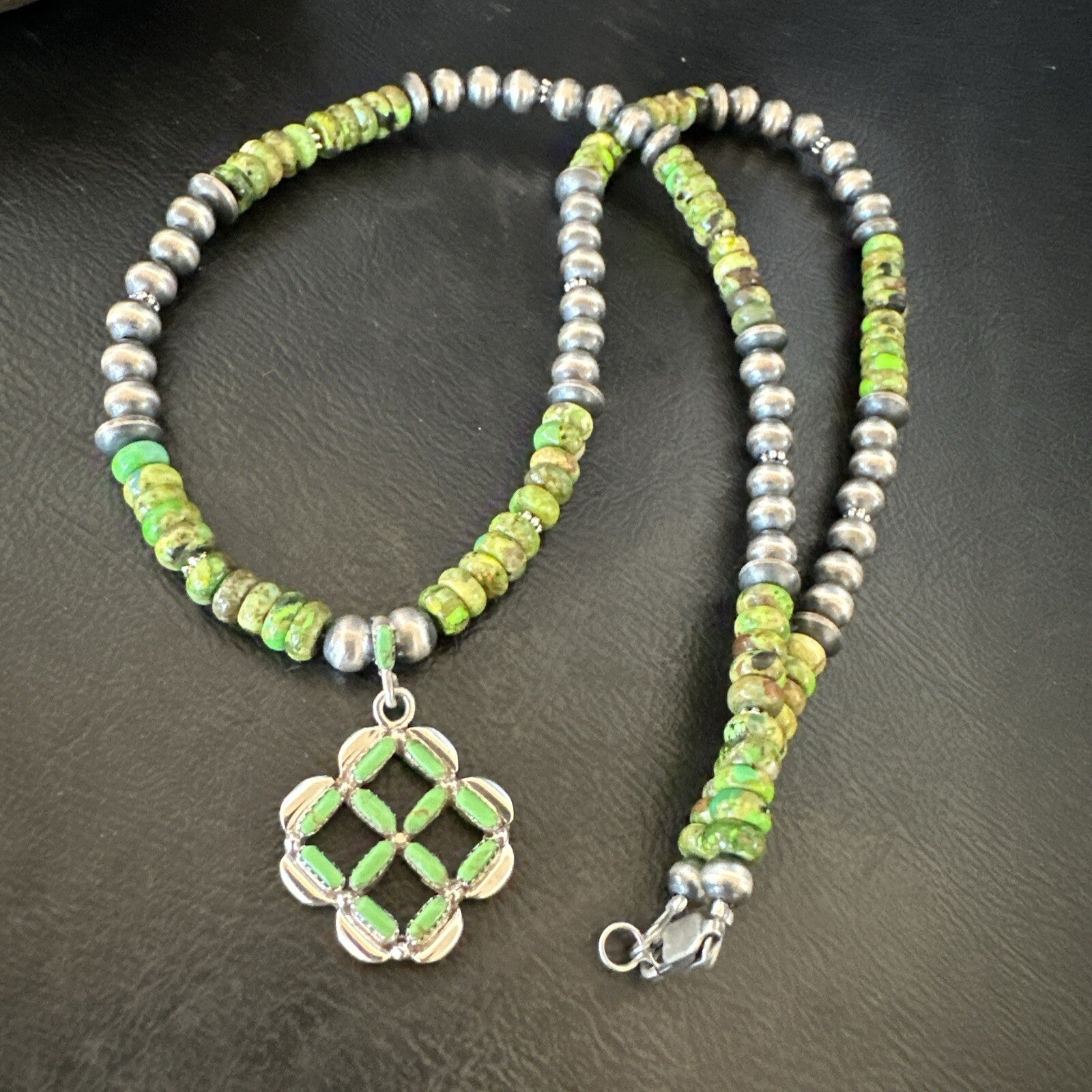 Womens Green Gaspeite Turquoise Pendant Navajo Sterling Silver Necklace 18370