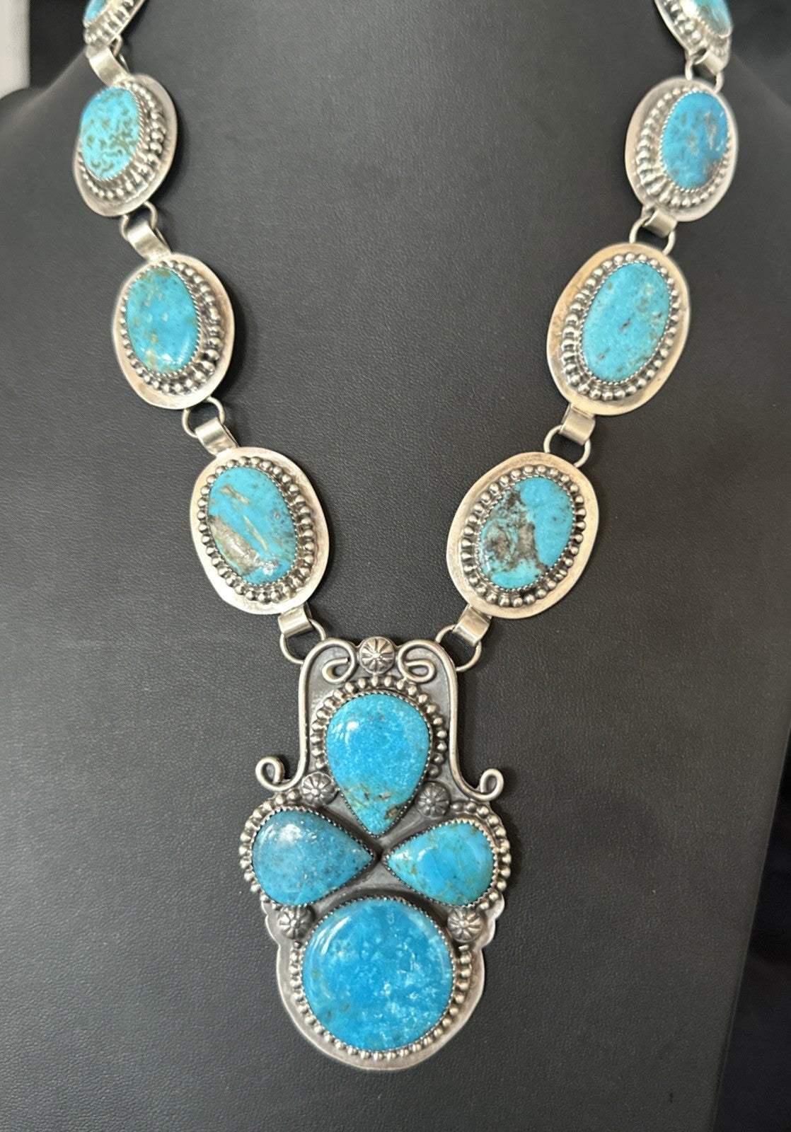 XXL Vintage Kingman Turquoise Navajo Sterling Silver Lariat Necklace 33” 19632