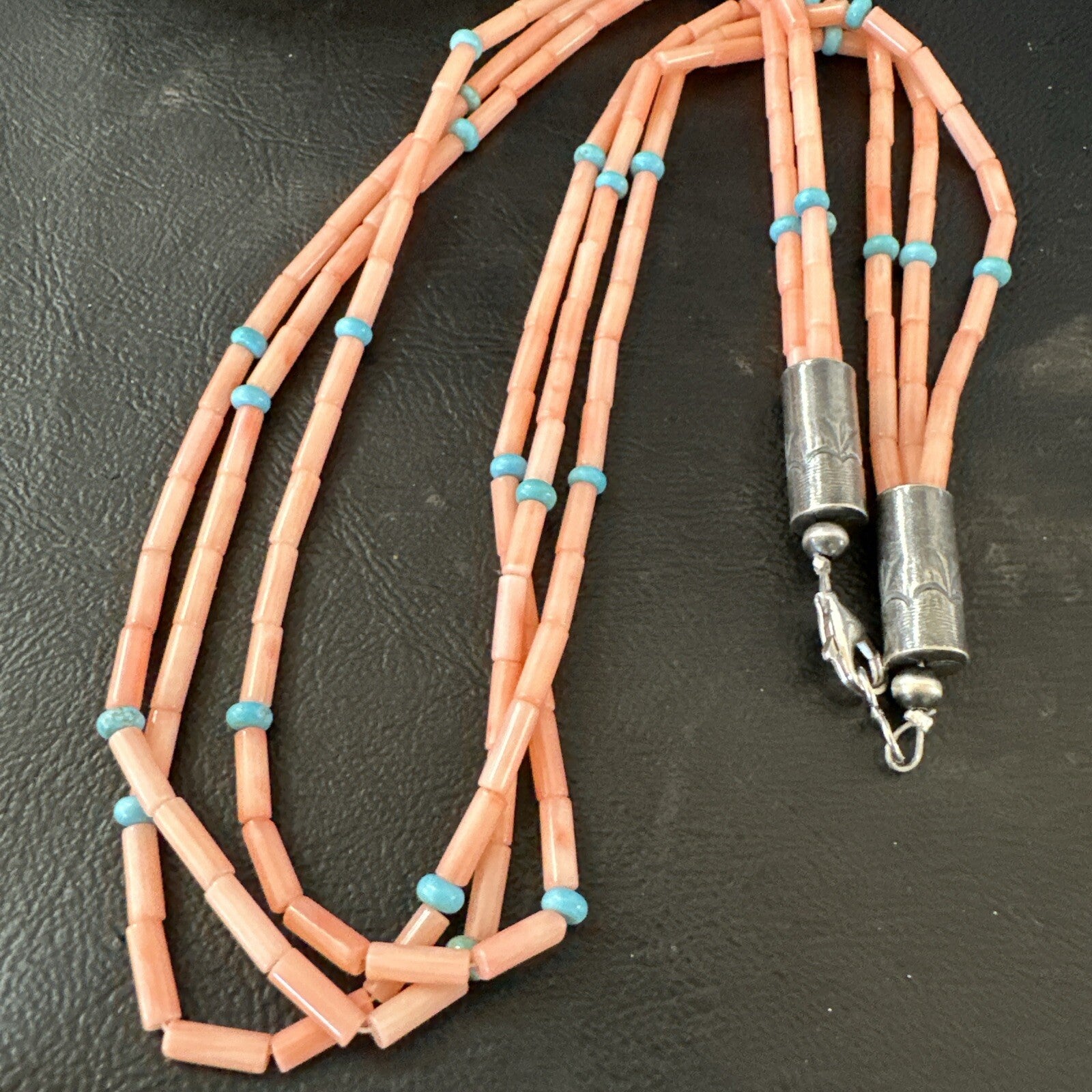 Native American Turquoise Pink Coral Sterling Silver 3 Strand Necklace 21" 17816