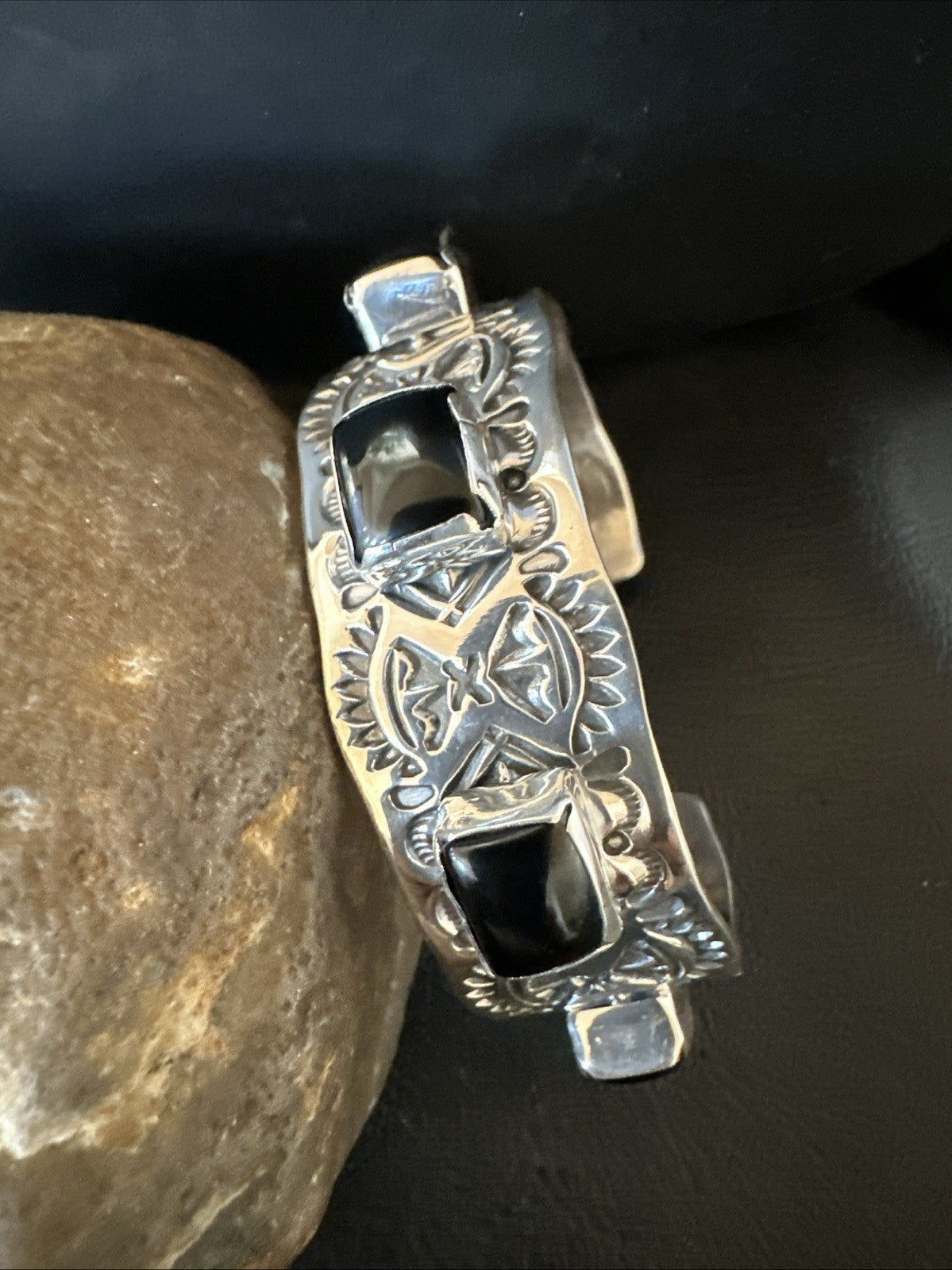 Mens Womens Navajo Sterling Silver Black Onyx Cluster Cuff Bracelet 7.5" 19432