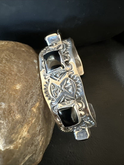 Mens Womens Navajo Sterling Silver Black Onyx Cluster Cuff Bracelet 7.5" 19432