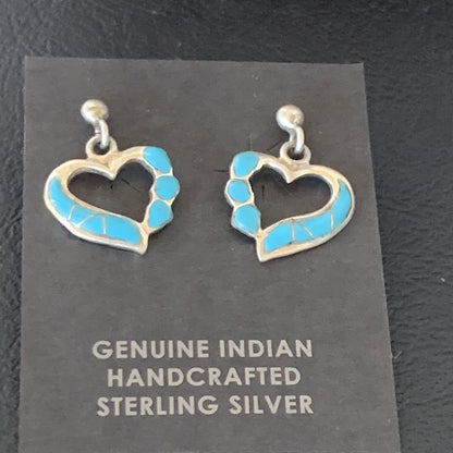 Blue Turquoise Heart Navajo Sterling Silver Dangle Post Earrings 0.5" 12717